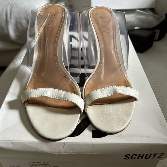 Schutz Raira block heel sandal in white/transparent - Picture 2 of 7